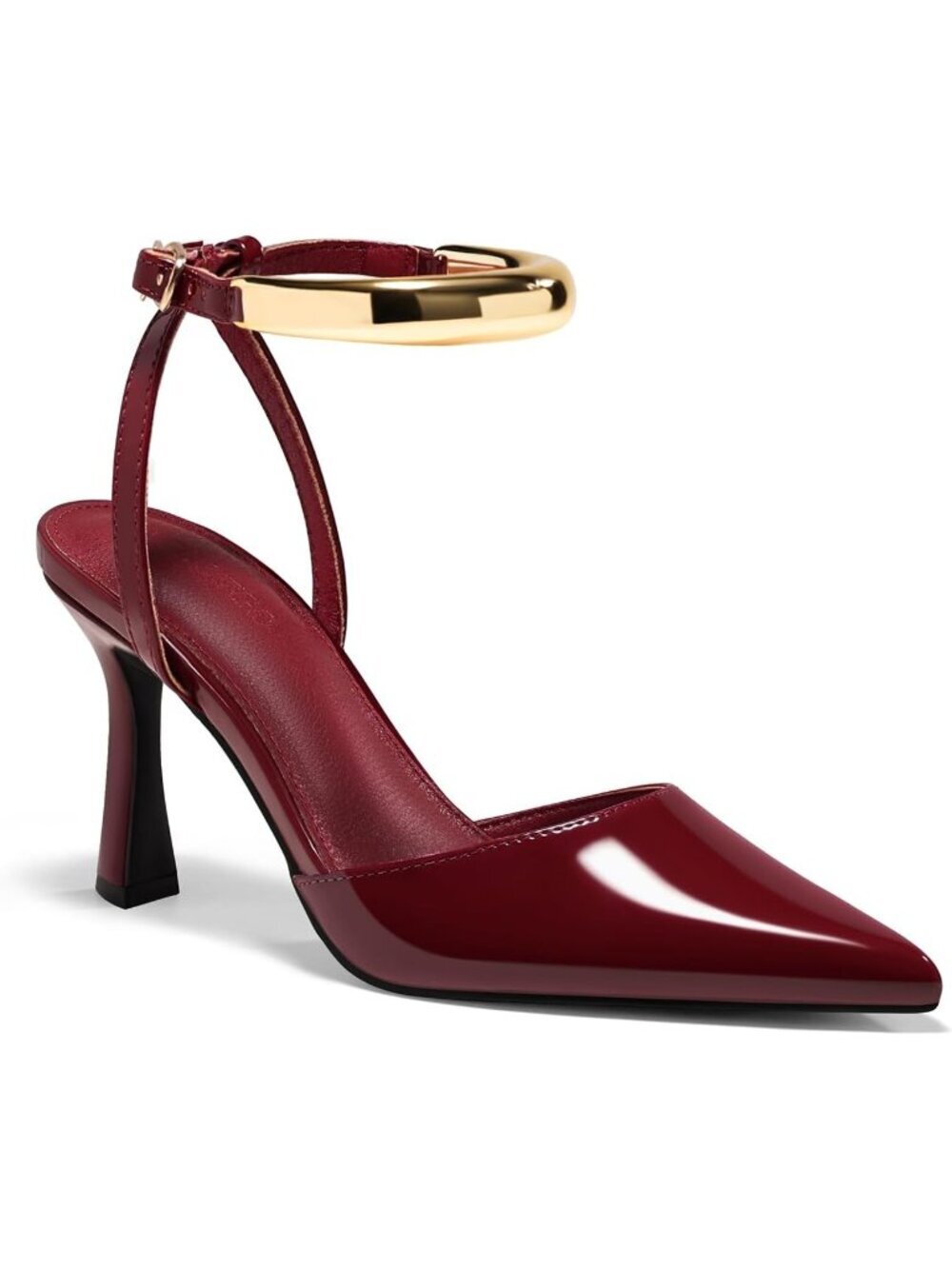 Women's Red Strappy High Heels Closed Pointed Toe Pumps Ankle Strap Metal Shoes